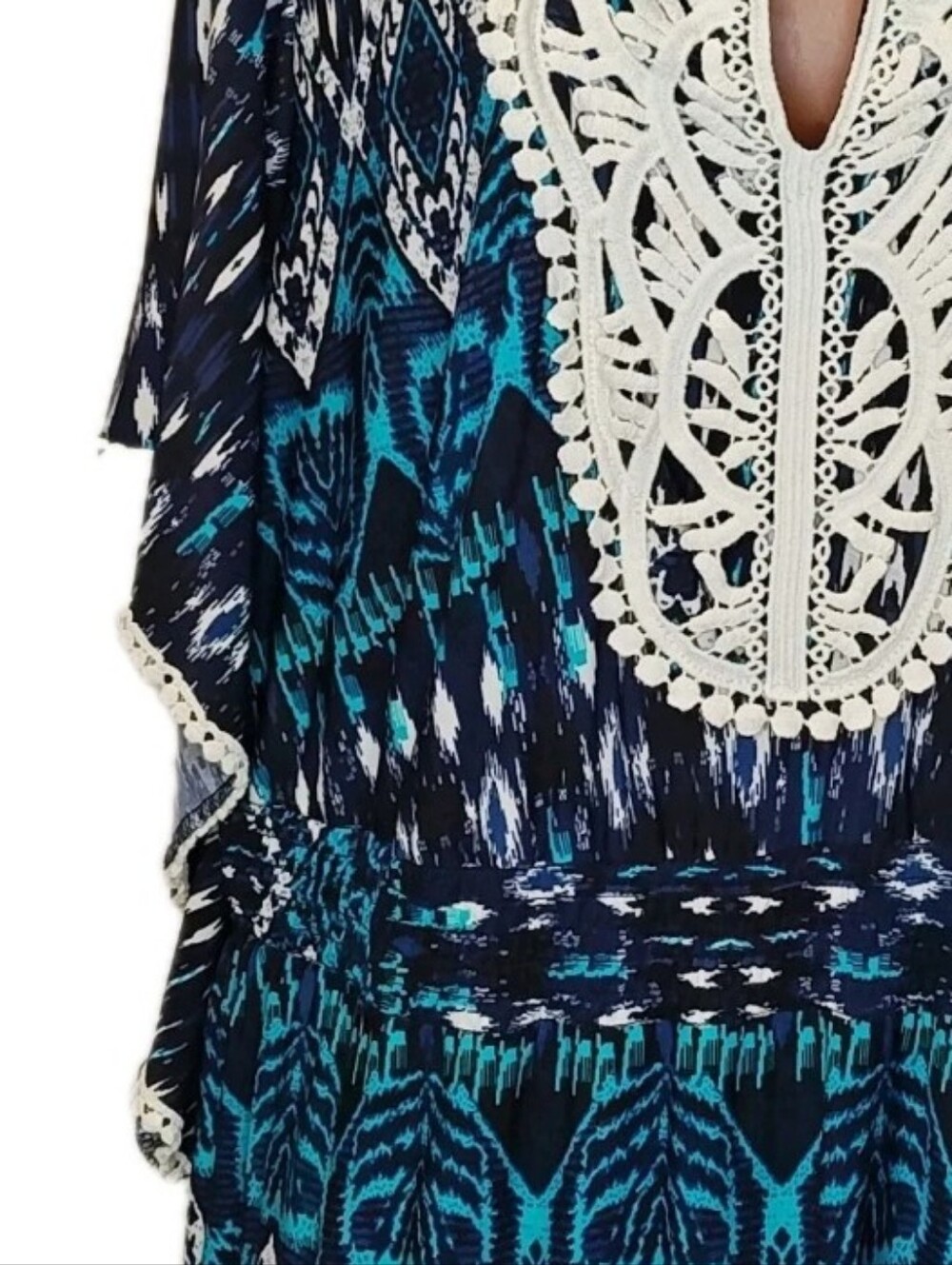 Cato Batwing Sleeve Cover-up Crochet V-Neck Midi Dress Blue Turquoise Tribal - Picture 4 of 10